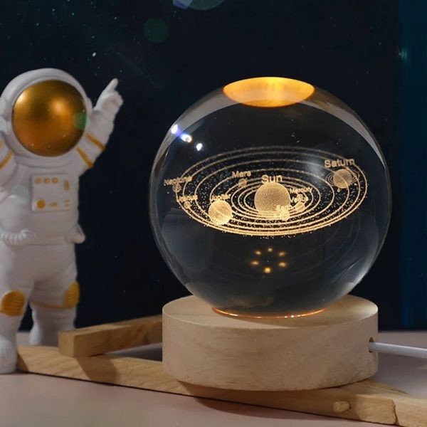 3d Galaxy Solar System Crystal Ball Night Light With Wooden Base