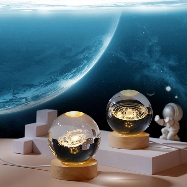 3d Galaxy Solar System Crystal Ball Night Light With Wooden Base