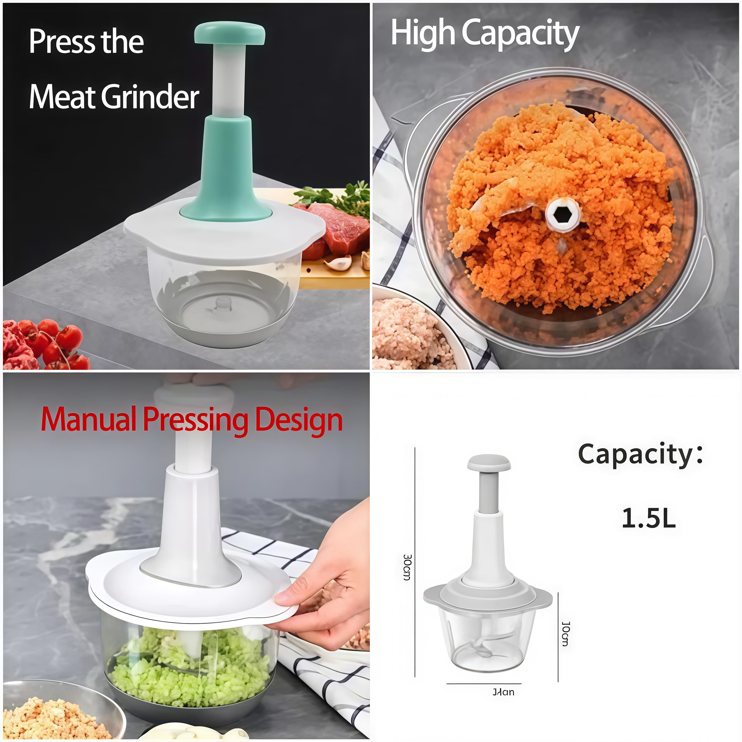 Multifunctional Manual Hand Push Chopper Vegetable Meat Grinder 1.5 Liter