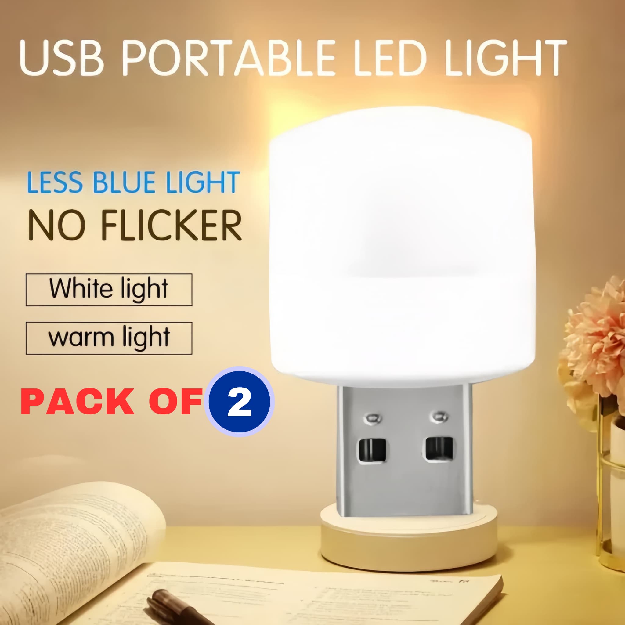 (Pack Of 2) Portable Usb Light For Room Mini Usb Led Night Bulb