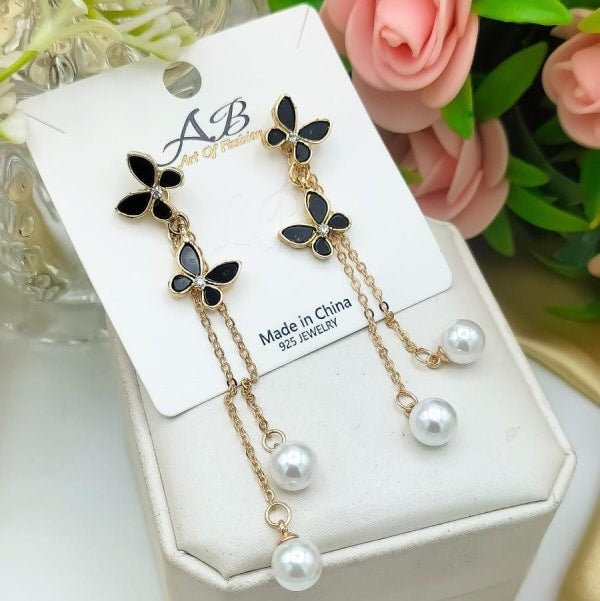 Unique Design Elegant Delicate Pearl Butterfly Tassel Earrings