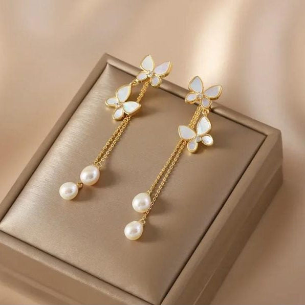 Unique Design Elegant Delicate Pearl Butterfly Tassel Earrings